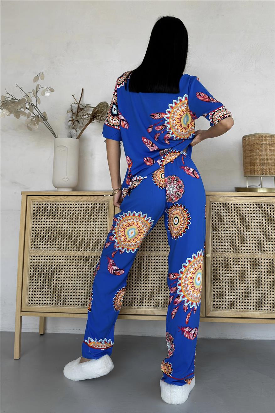 Fiori Come il Sole Saks Viskon Kısa Kol Pantolon Pijama Takımı