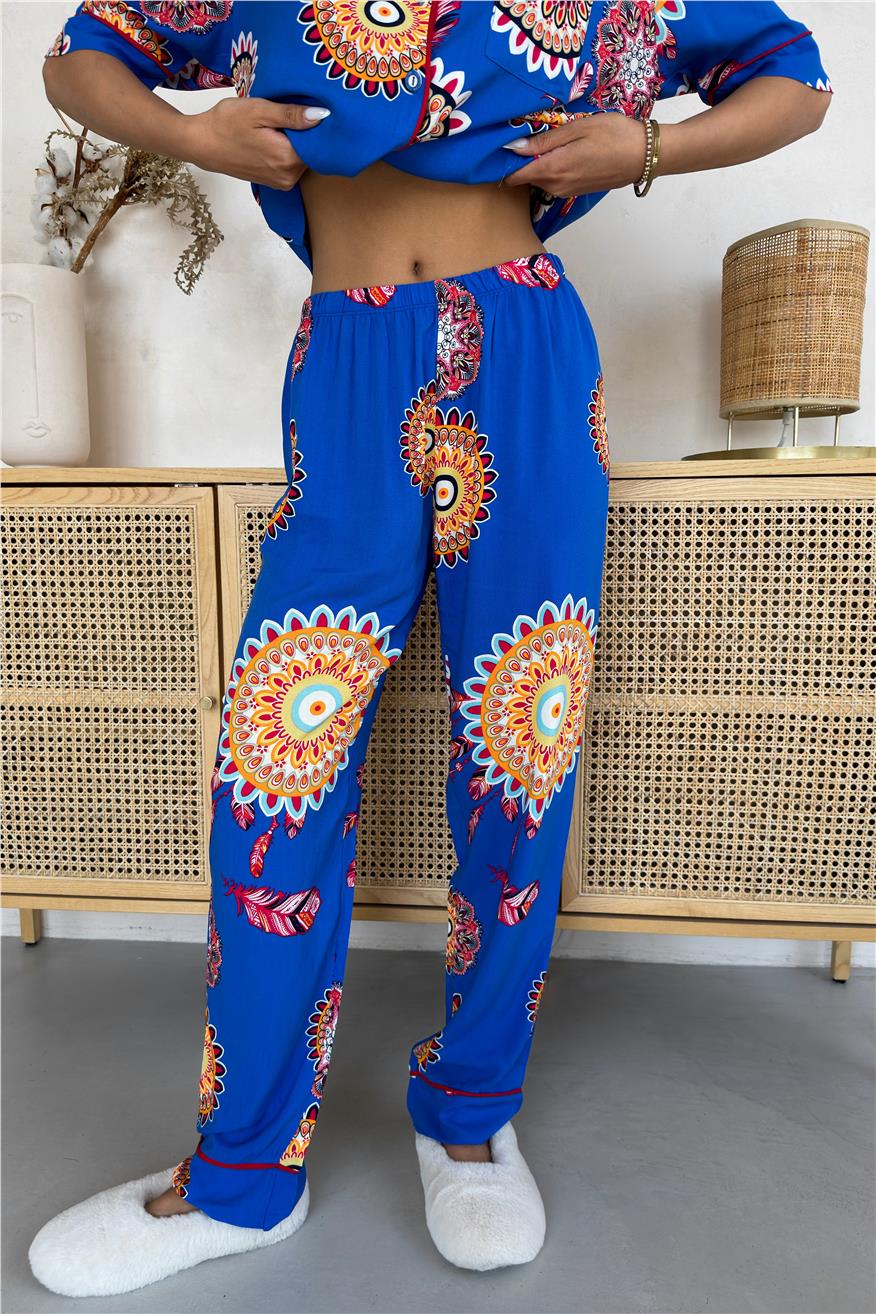 Fiori Come il Sole Saks Viskon Kısa Kol Pantolon Pijama Takımı
