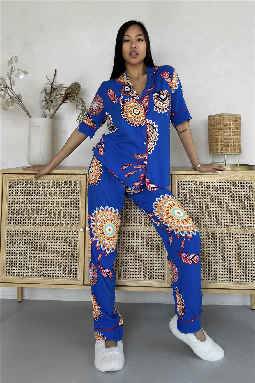 Fiori Come il Sole Saks Viskon Kısa Kol Pantolon Pijama Takımı
