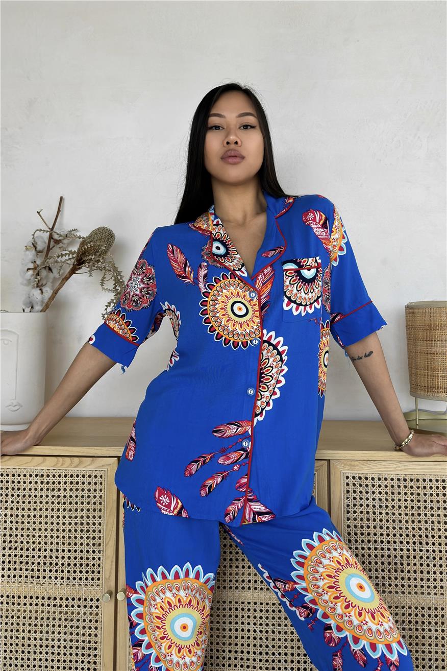 Fiori Come il Sole Saks Viskon Kısa Kol Pantolon Pijama Takımı