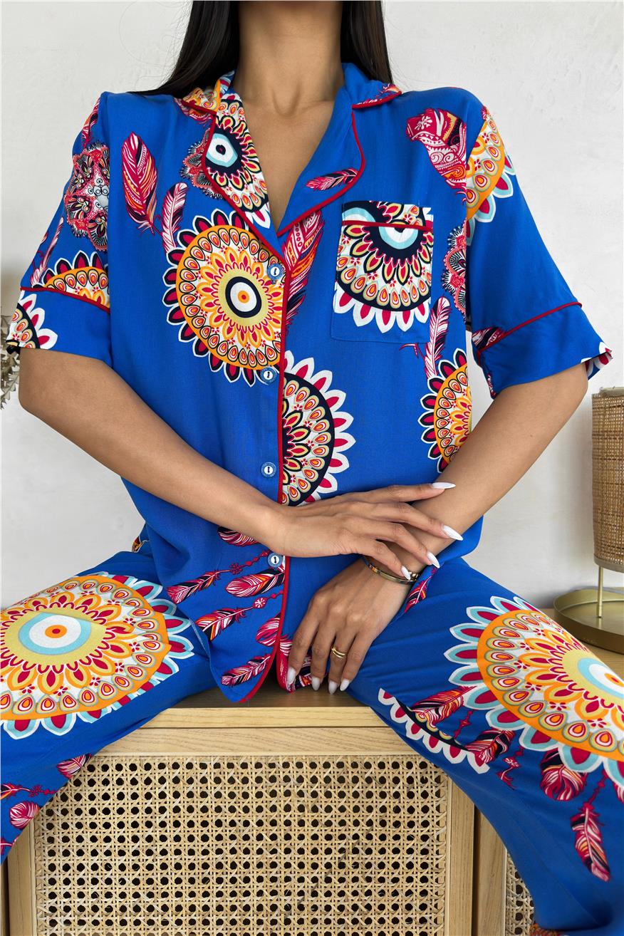 Fiori Come il Sole Saks Viskon Kısa Kol Pantolon Pijama Takımı