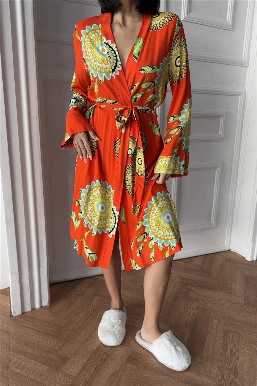 Fiori Come il Sole Turuncu Viskon Kimono/Sabahlık