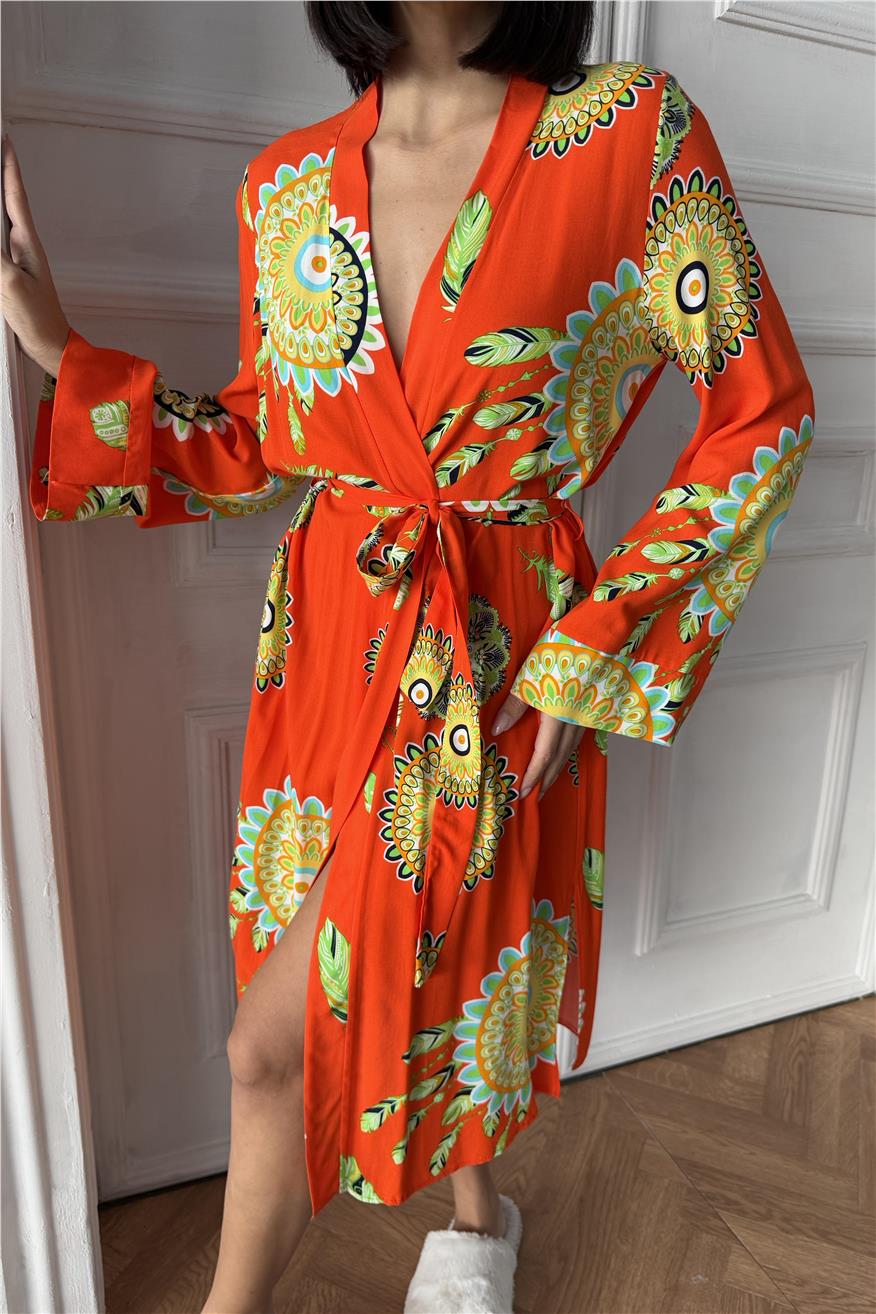 Fiori Come il Sole Turuncu Viskon Kimono/Sabahlık