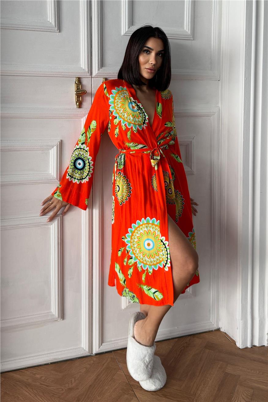 Fiori Come il Sole Turuncu Viskon Kimono/Sabahlık