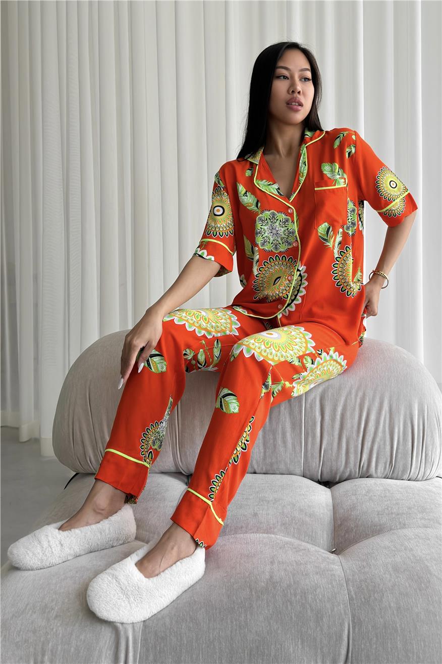 Fiori Come il Sole Turuncu Viskon Kısa Kol Pantolon Pijama Takımı