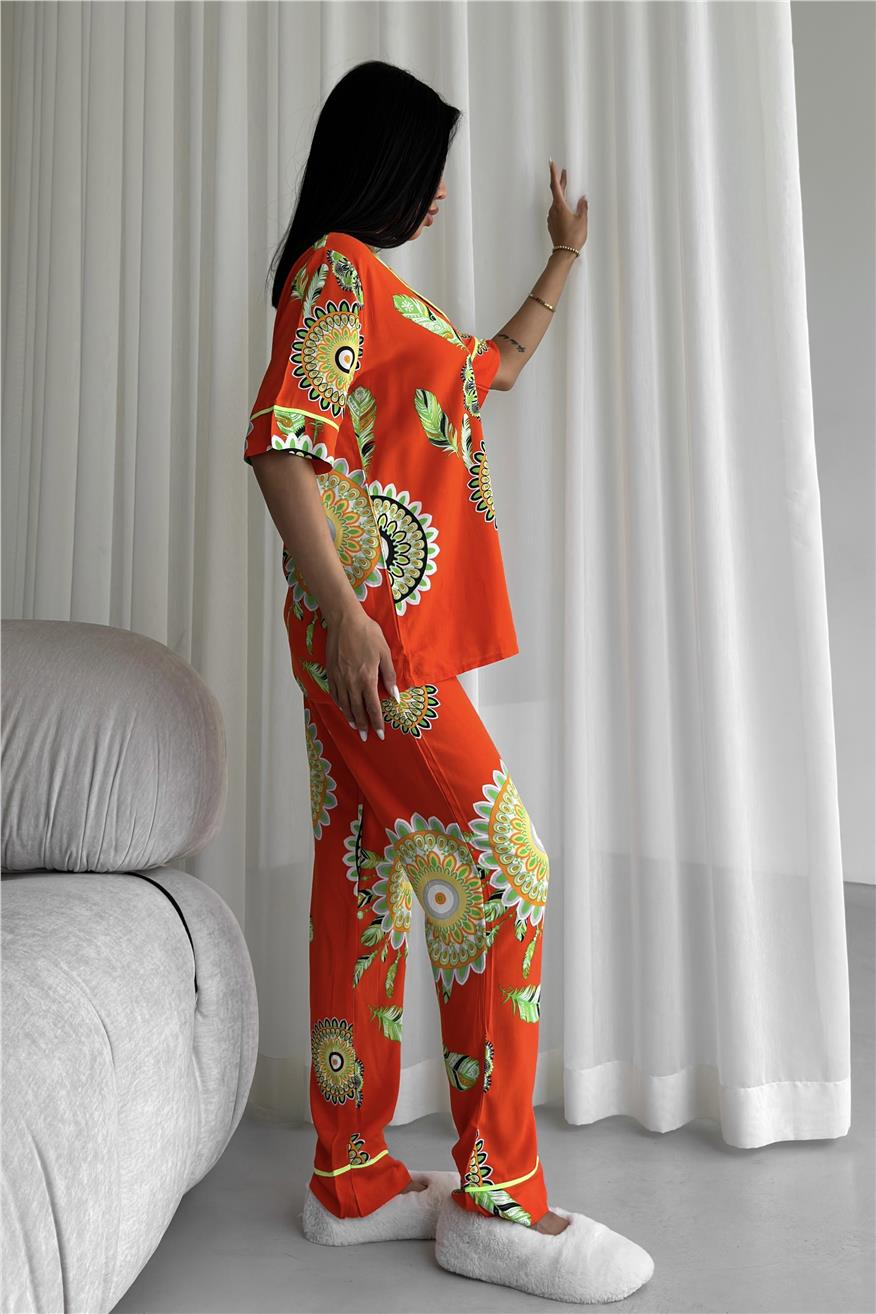 Fiori Come il Sole Turuncu Viskon Kısa Kol Pantolon Pijama Takımı