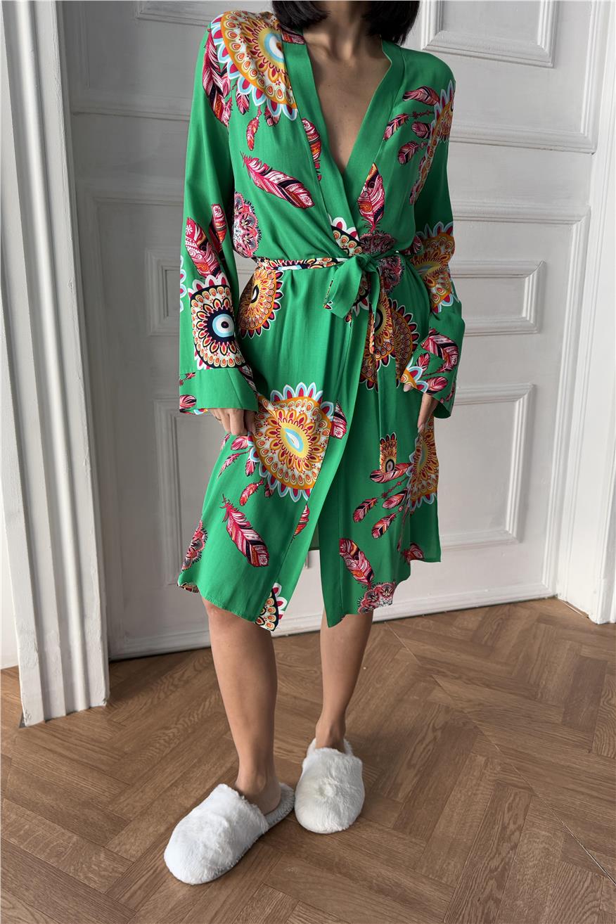 Fiori Come il Sole Yeşil Viskon Kimono/Sabahlık