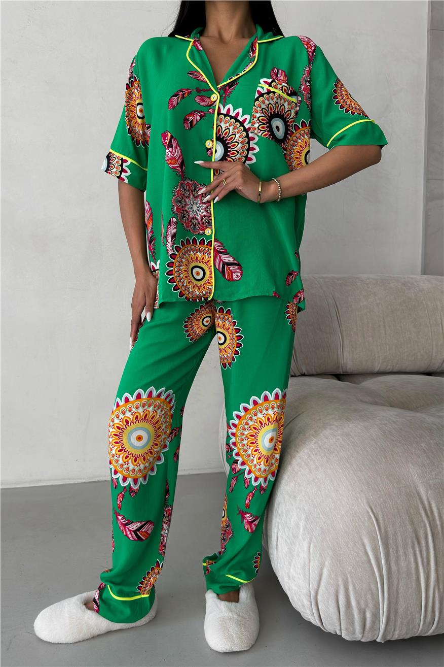 Fiori Come il Sole Yeşil Viskon Kısa Kol Pantolon Pijama Takımı