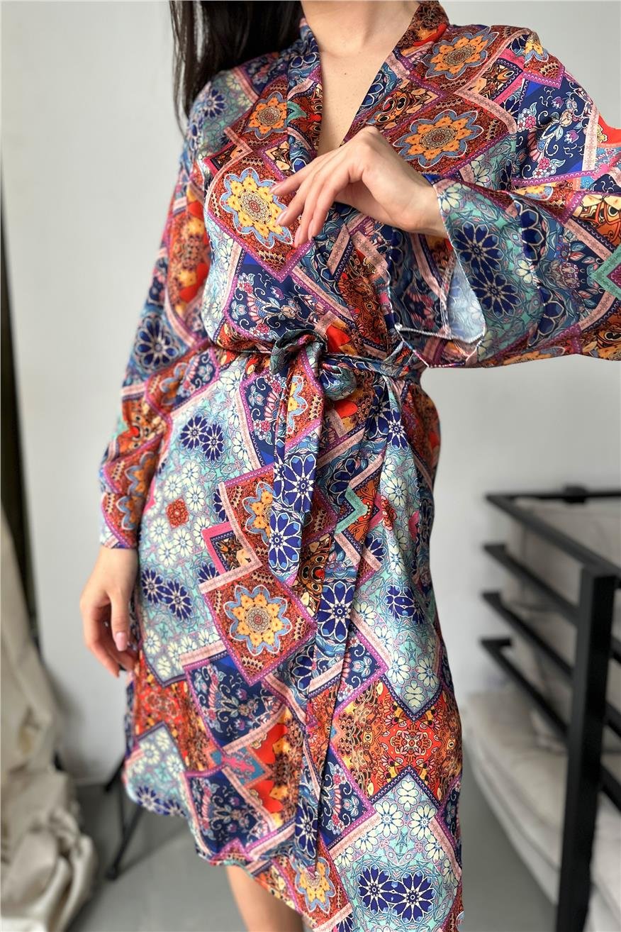 Kadın Etnik Motifler Desen Baskılı Belden Bağlama Saten Kimono/Sabahlık