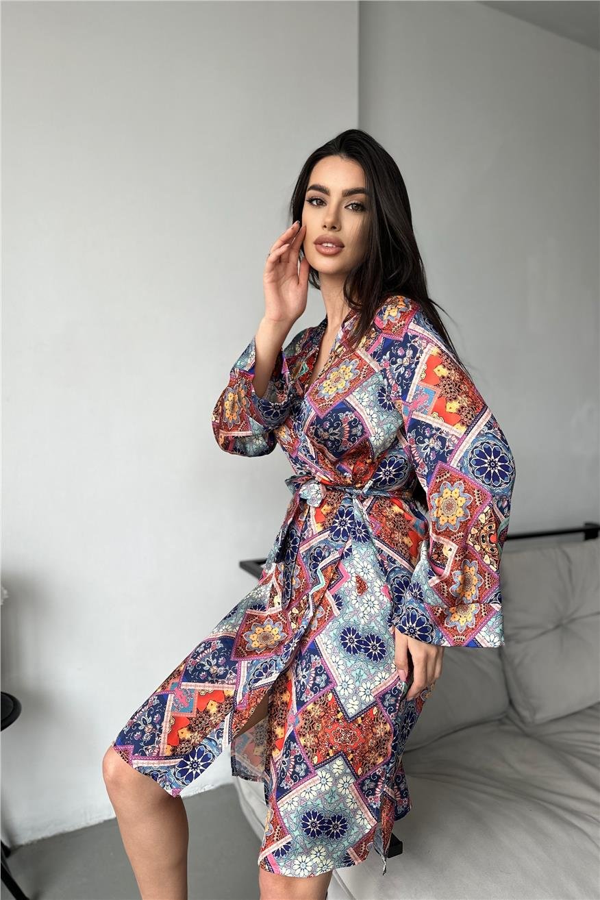 Kadın Etnik Motifler Desen Baskılı Belden Bağlama Saten Kimono/Sabahlık
