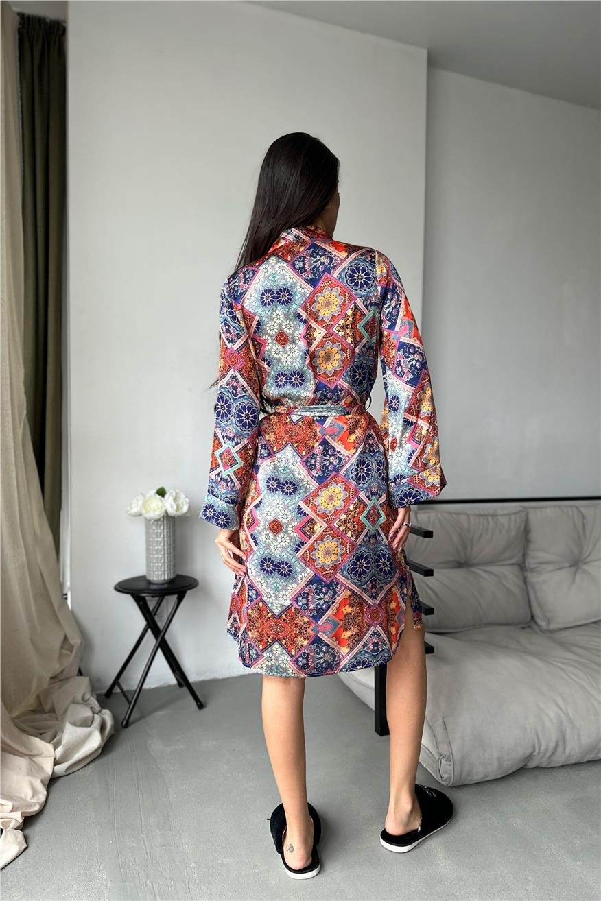 Kadın Etnik Motifler Desen Baskılı Belden Bağlama Saten Kimono/Sabahlık