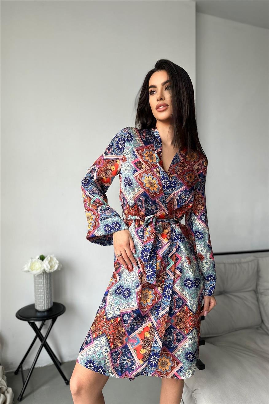 Kadın Etnik Motifler Desen Baskılı Belden Bağlama Saten Kimono/Sabahlık