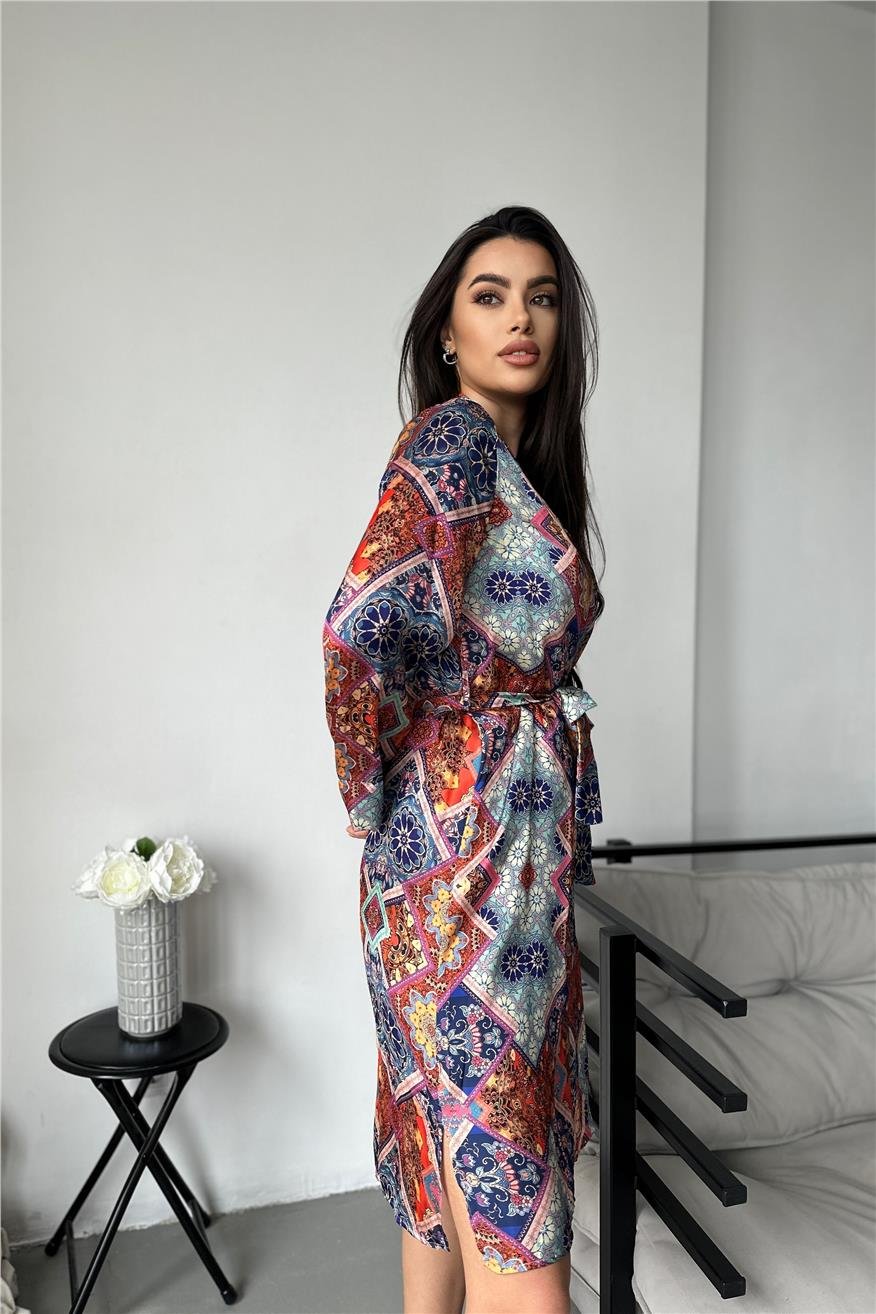Kadın Etnik Motifler Desen Baskılı Belden Bağlama Saten Kimono/Sabahlık