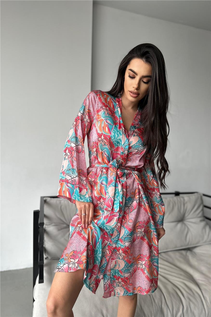Kadın Mavi ve Pembe Çiçekler Desen Baskılı Belden Bağlama Saten Kimono/Sabahlık