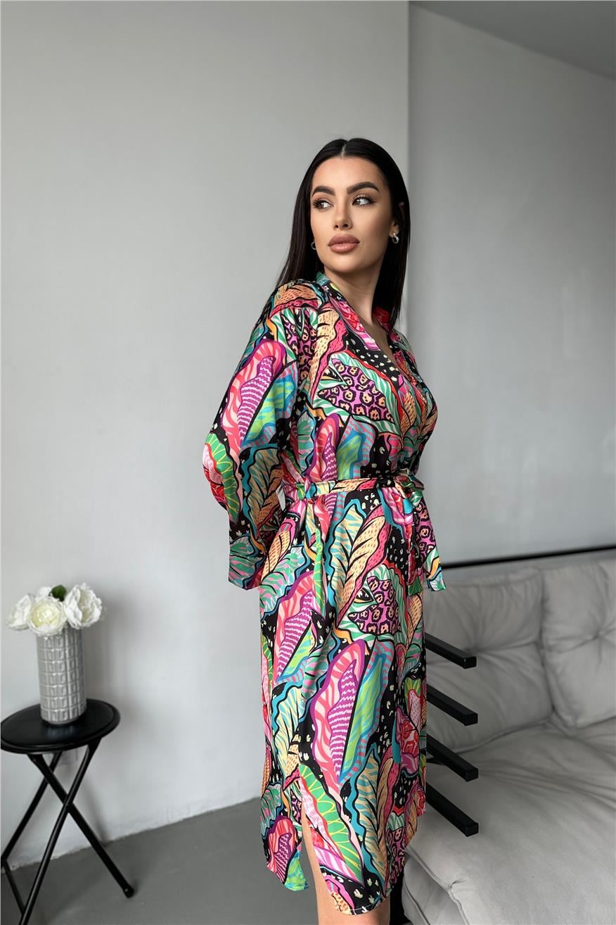 Kadın Modern Yaprak Desen Baskılı Belden Bağlama Saten Kimono/Sabahlık