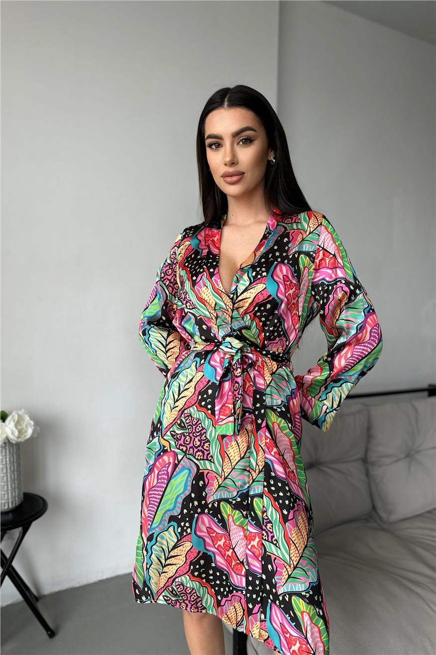 Kadın Modern Yaprak Desen Baskılı Belden Bağlama Saten Kimono/Sabahlık