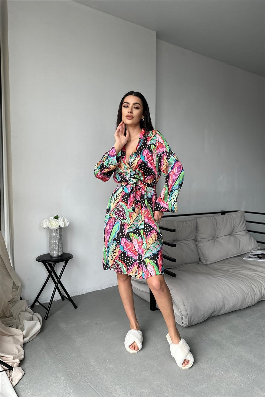 Kadın Modern Yaprak Desen Baskılı Belden Bağlama Saten Kimono/Sabahlık
