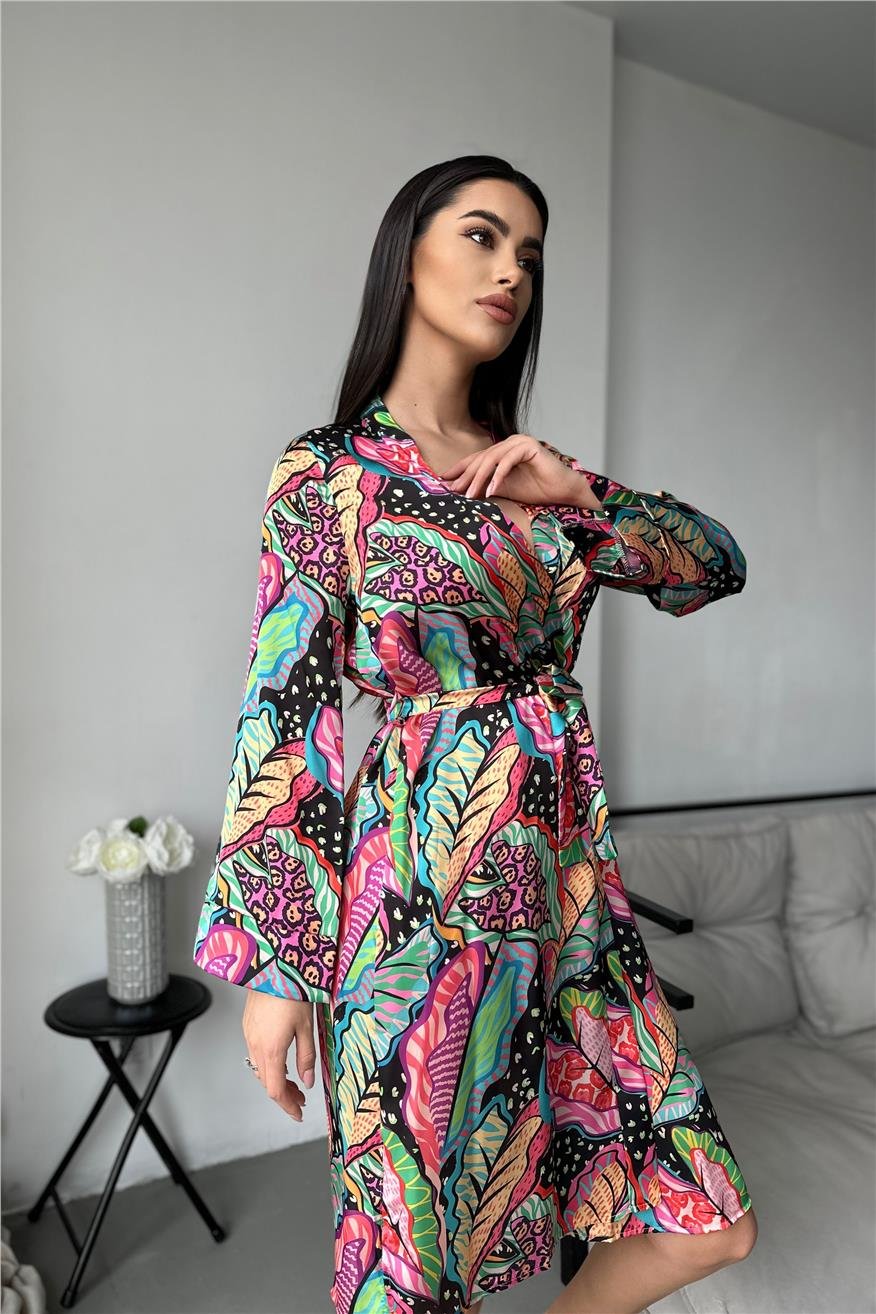 Kadın Modern Yaprak Desen Baskılı Belden Bağlama Saten Kimono/Sabahlık