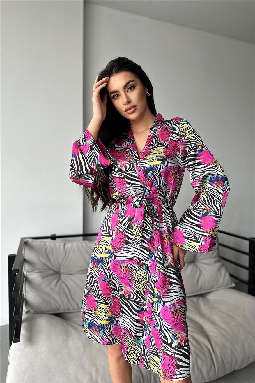 Kadın Zebra Desen Baskılı Belden Bağlama Saten Kimono/Sabahlık