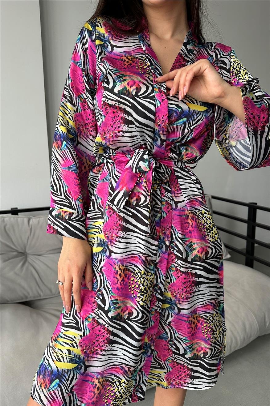Kadın Zebra Desen Baskılı Belden Bağlama Saten Kimono/Sabahlık