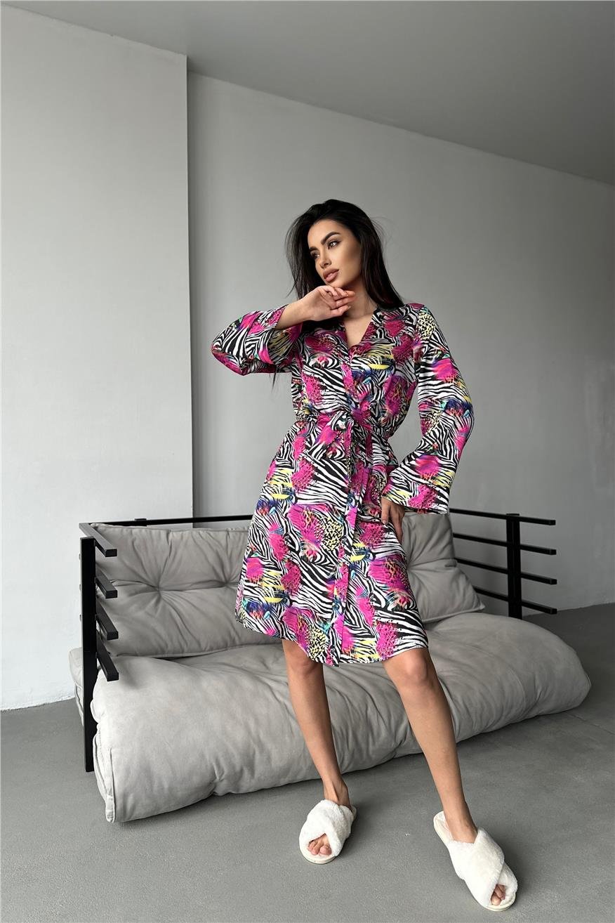 Kadın Zebra Desen Baskılı Belden Bağlama Saten Kimono/Sabahlık