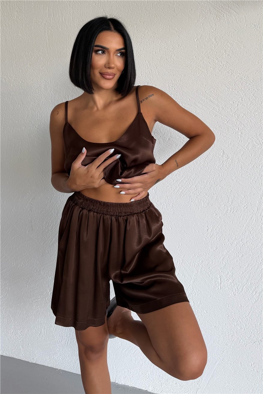 Kahverengi Floş Saten Askılı Şortlu Pijama Takımı