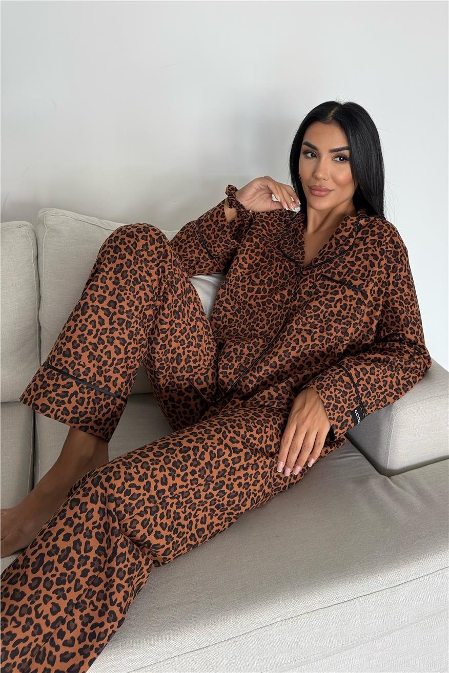 Leopar Selvaggio Kahverengi Uzun Pijama Takımı
