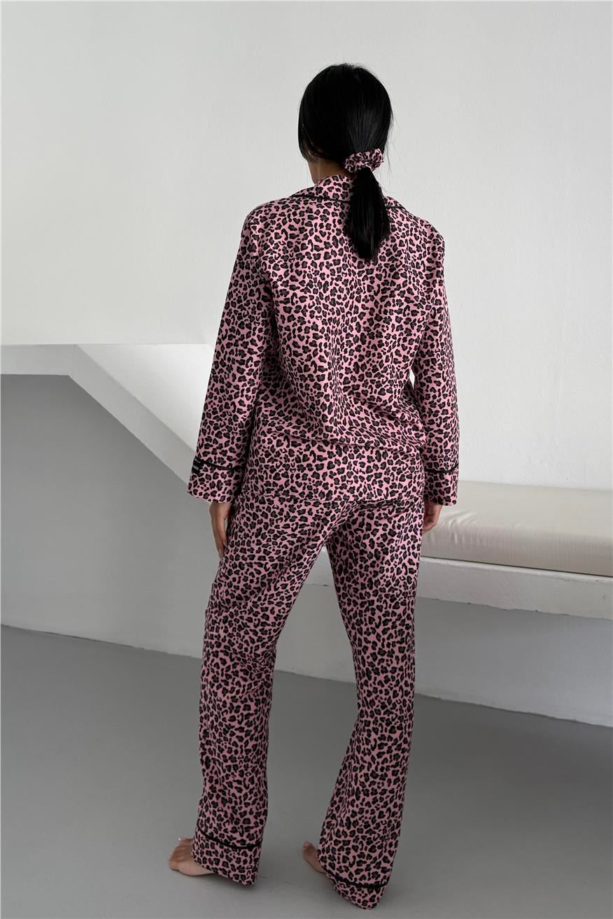 Leopar Selvaggio Pudra Pembesi Uzun Pijama Takımı