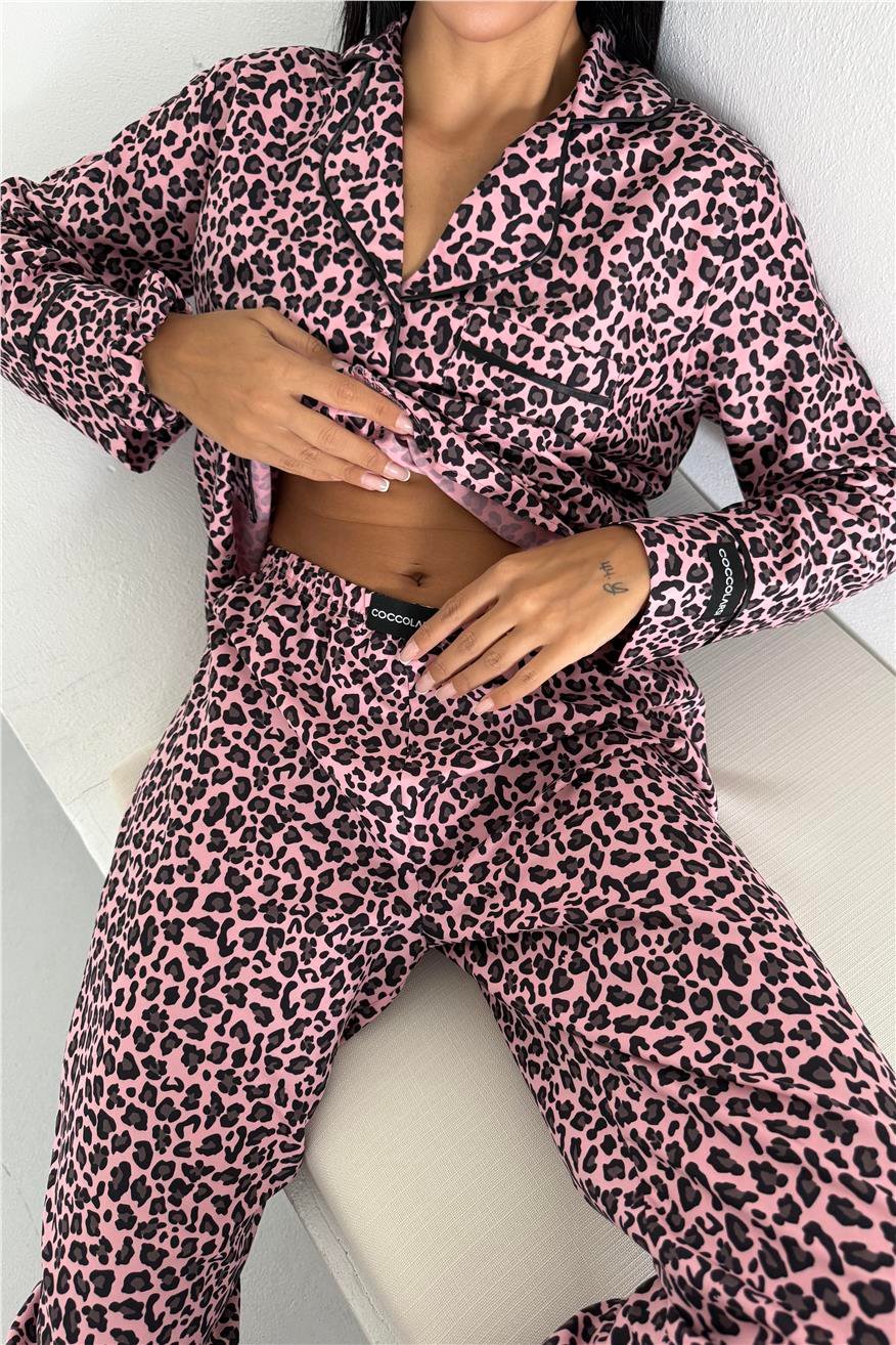 Leopar Selvaggio Pudra Pembesi Uzun Pijama Takımı