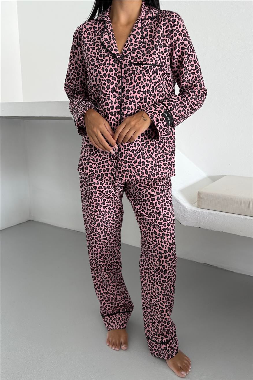 Leopar Selvaggio Pudra Pembesi Uzun Pijama Takımı
