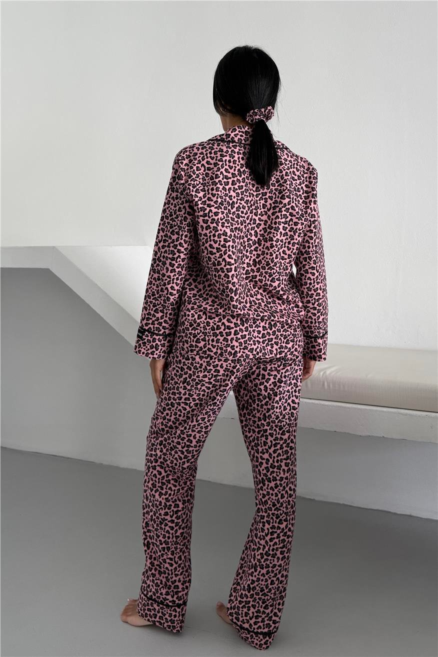 Leopar Selvaggio Pudra Pembesi Uzun Pijama Takımı