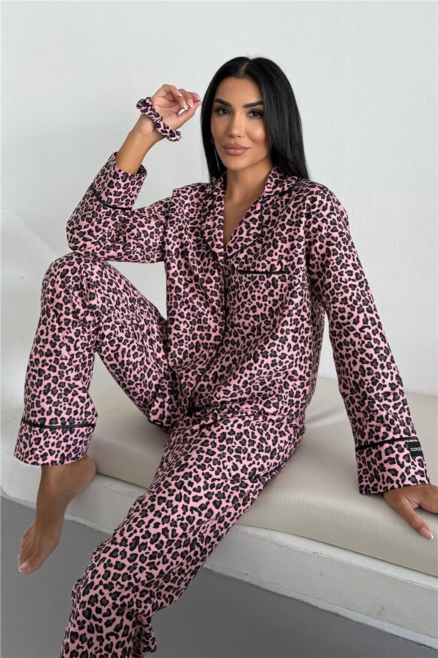 Leopar Selvaggio Pudra Pembesi Uzun Pijama Takımı