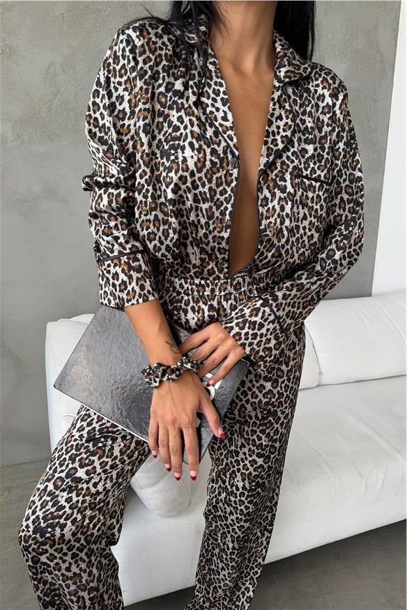 Leopardo Verde Saten Uzun Pijama Takımı