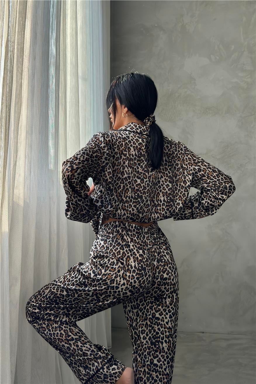 Leopardo Verde Saten Uzun Pijama Takımı
