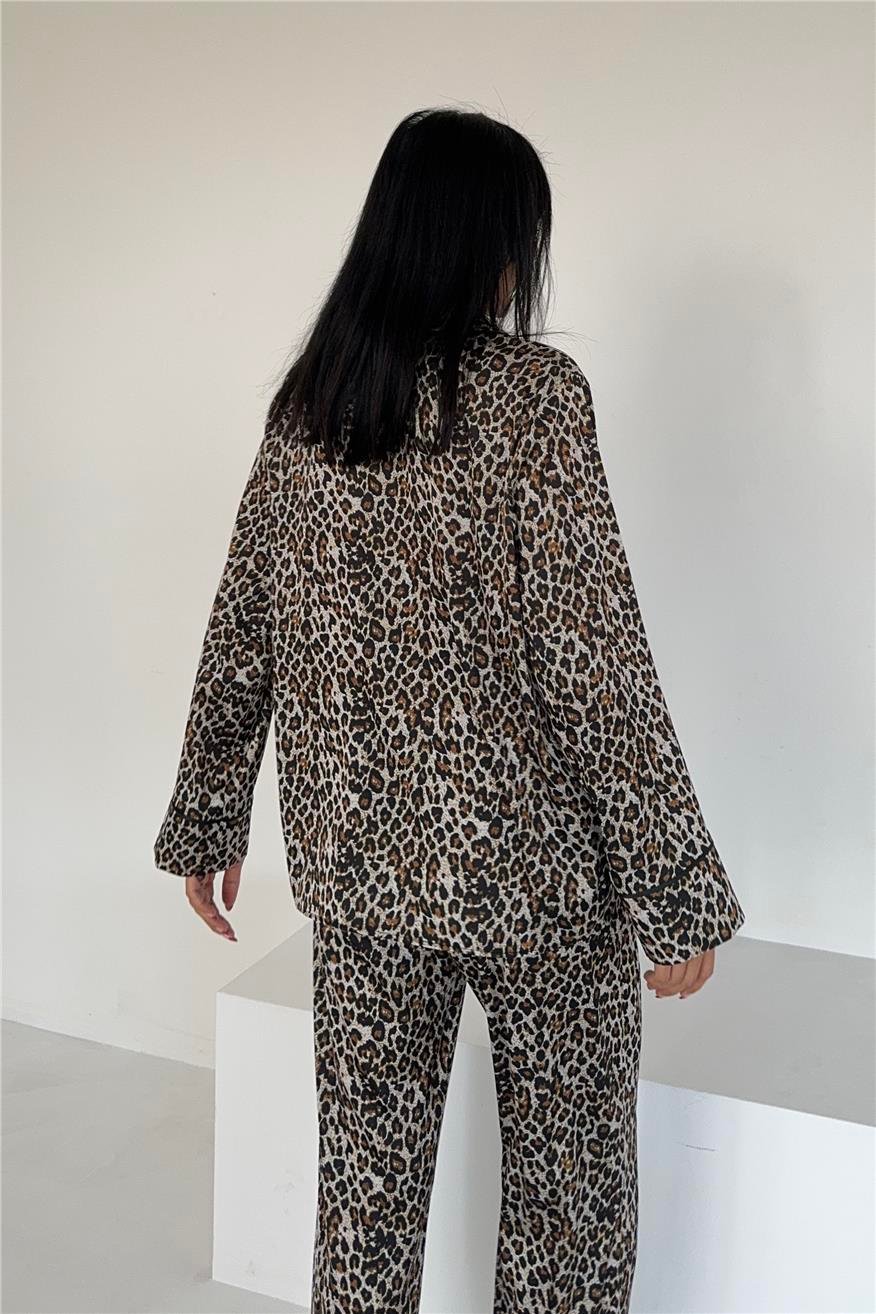 Leopardo Verde Saten Uzun Pijama Takımı