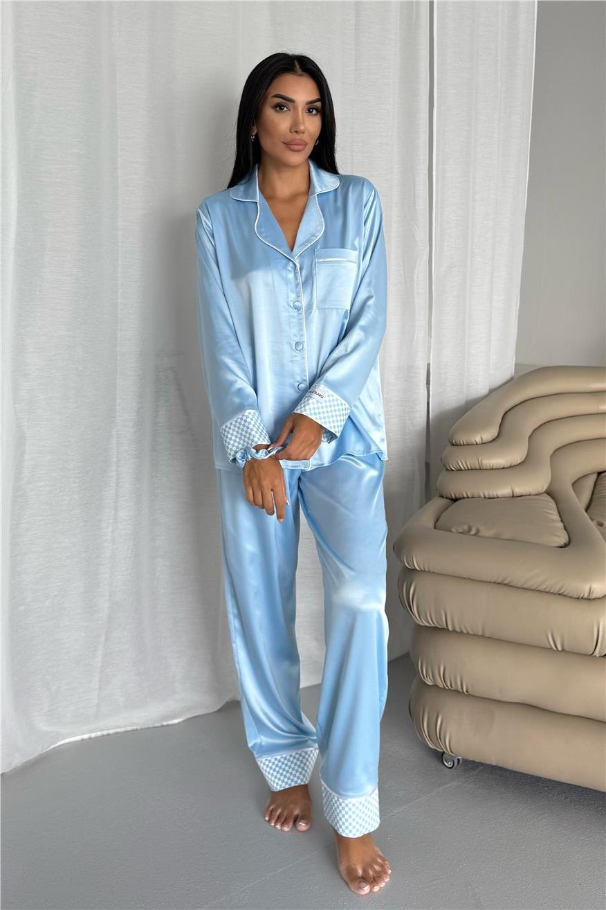 Liscio e Quadri Bebe Mavisi Saten Uzun Pijama Takımı