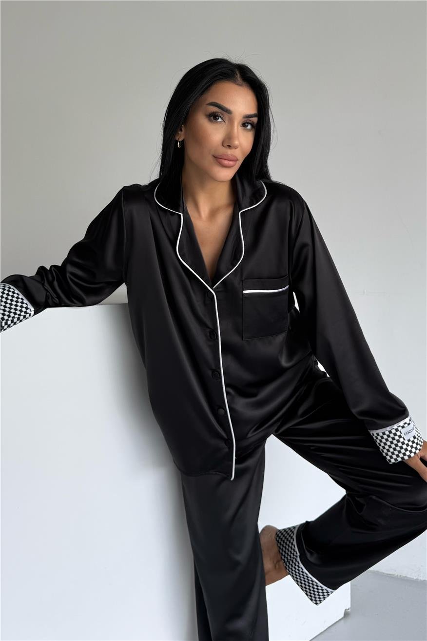 Liscio e Quadri Siyah Saten Uzun Pijama Takımı