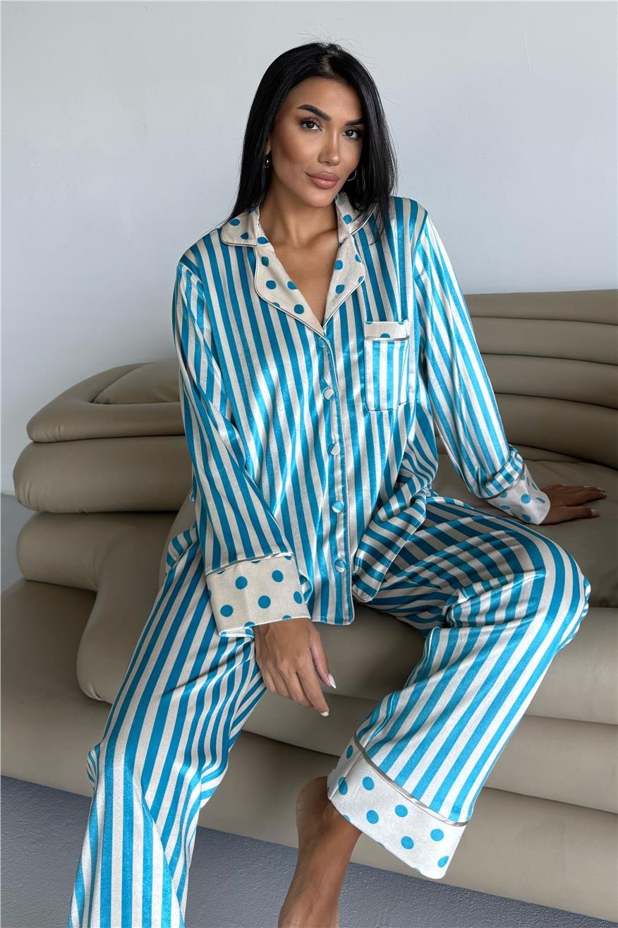 Mix Retrò Bej Mavi Kadife Uzun Pijama Takımı