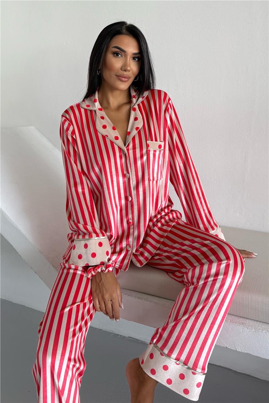 Mix Retrò Krem Pembe Kadife Uzun Pijama Takımı