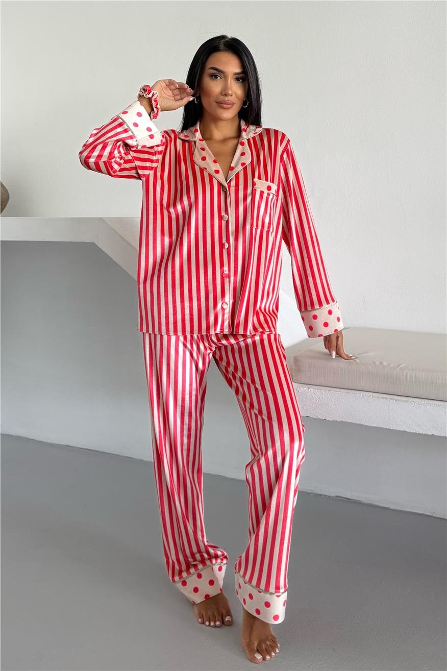 Mix Retrò Krem Pembe Kadife Uzun Pijama Takımı