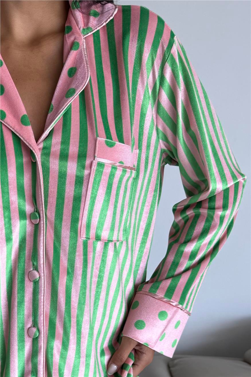 Mix Retrò Pudra Yeşil Kadife Uzun Pijama Takımı