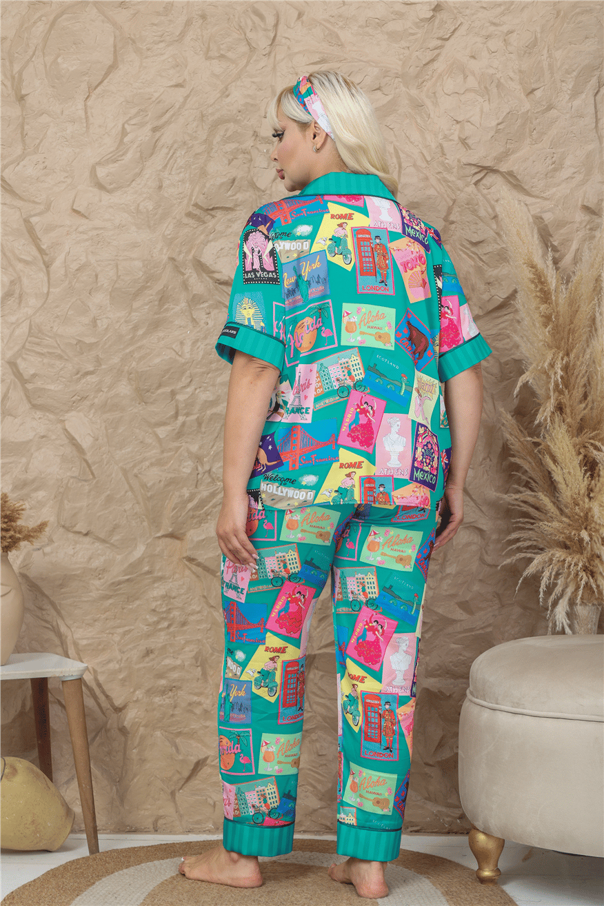 Mondo Allegro Saten Kısa Kol Pantolon Pijama Takımı MAB9818 (Büyük Beden)