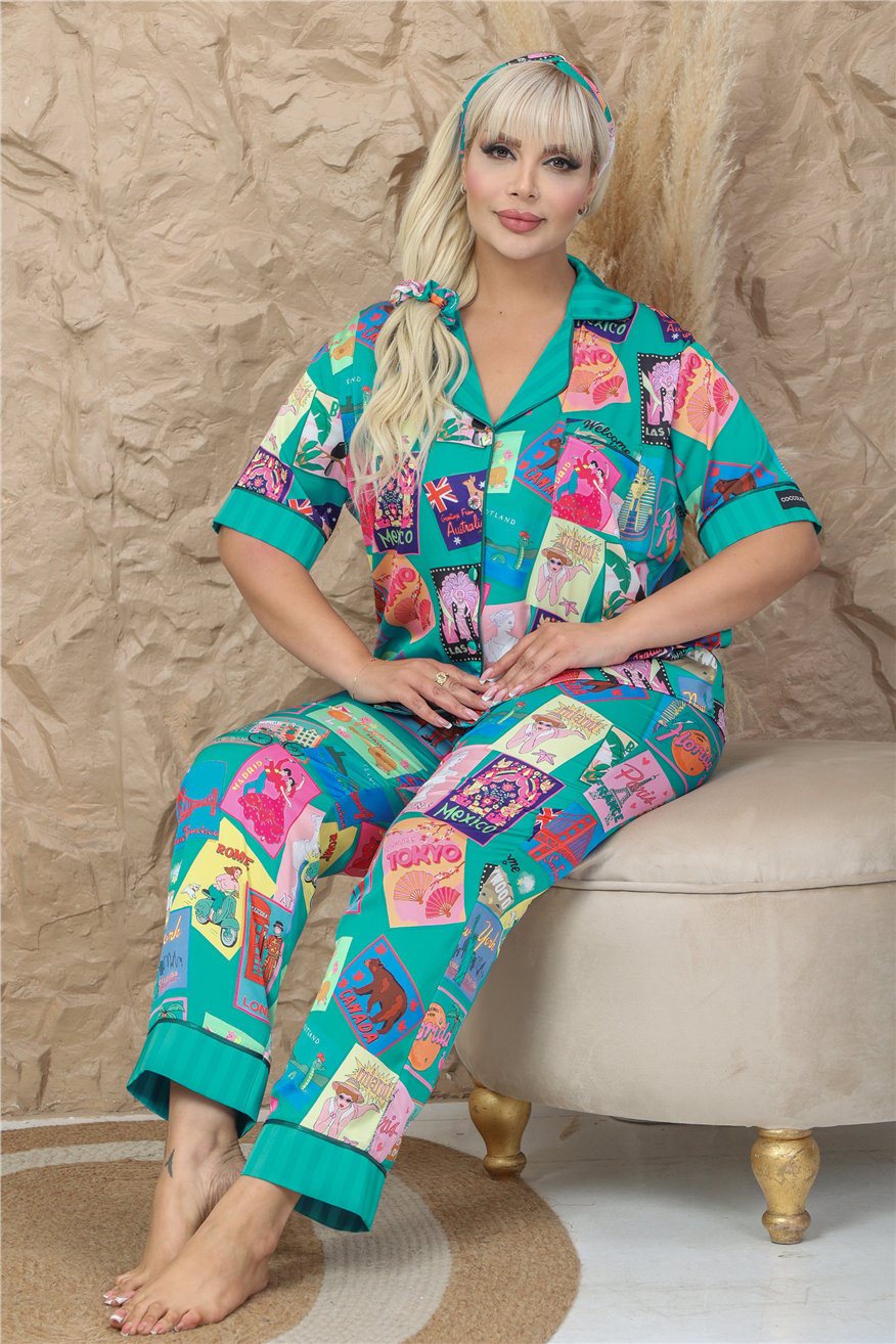 Mondo Allegro Saten Kısa Kol Pantolon Pijama Takımı MAB9818 (Büyük Beden)