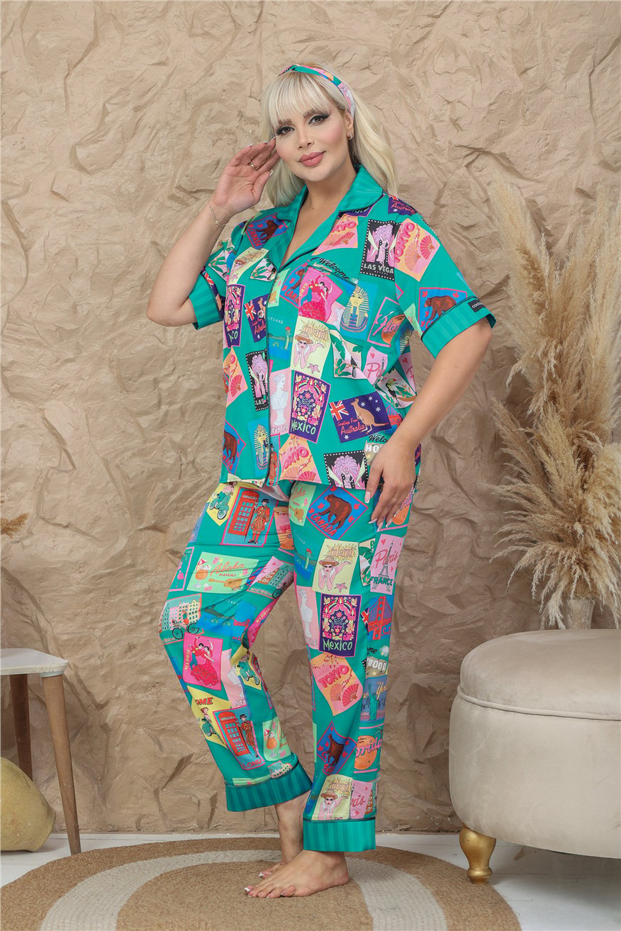 Mondo Allegro Saten Kısa Kol Pantolon Pijama Takımı MAB9818 (Büyük Beden)
