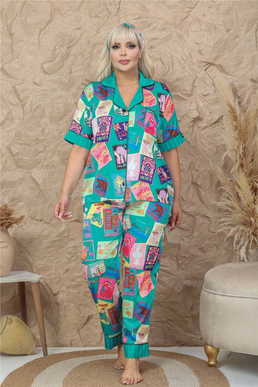 Mondo Allegro Saten Kısa Kol Pantolon Pijama Takımı MAB9818 (Büyük Beden)