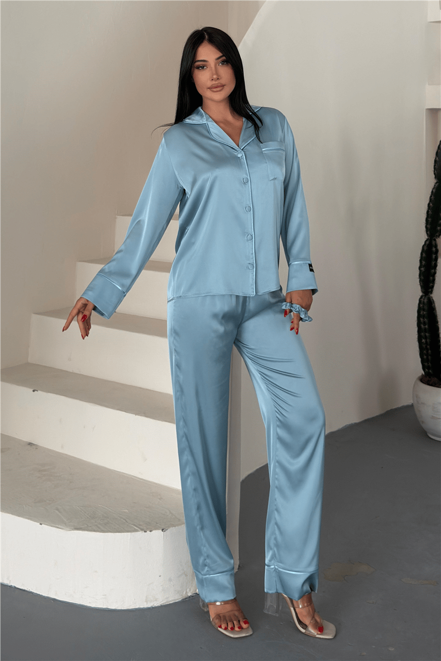 Nobiltà Della Notte Bebe Mavisi Saten Uzun Pijama Takımı