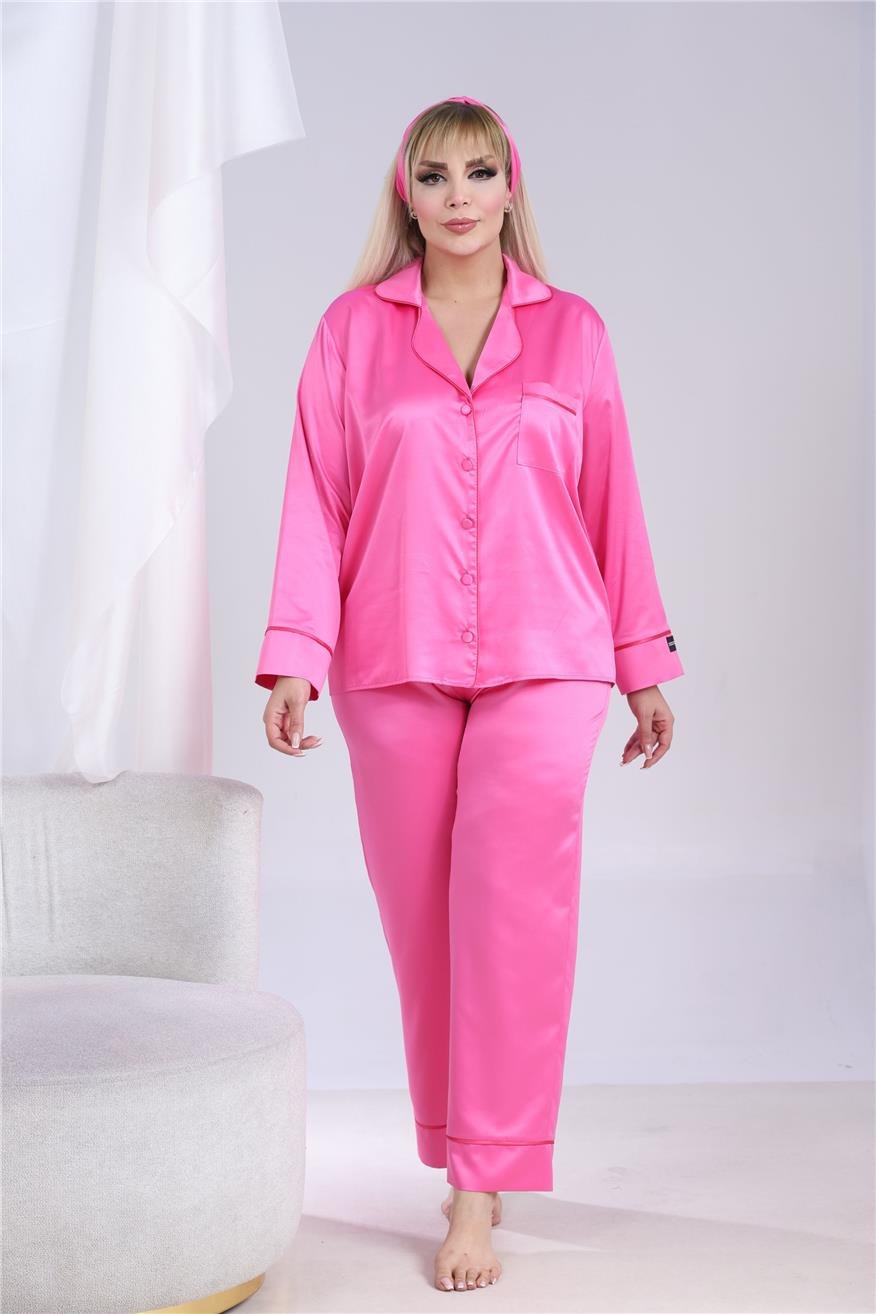 Nobiltà Segreta Fuşya Saten Uzun Pijama Takımı (Büyük Beden)