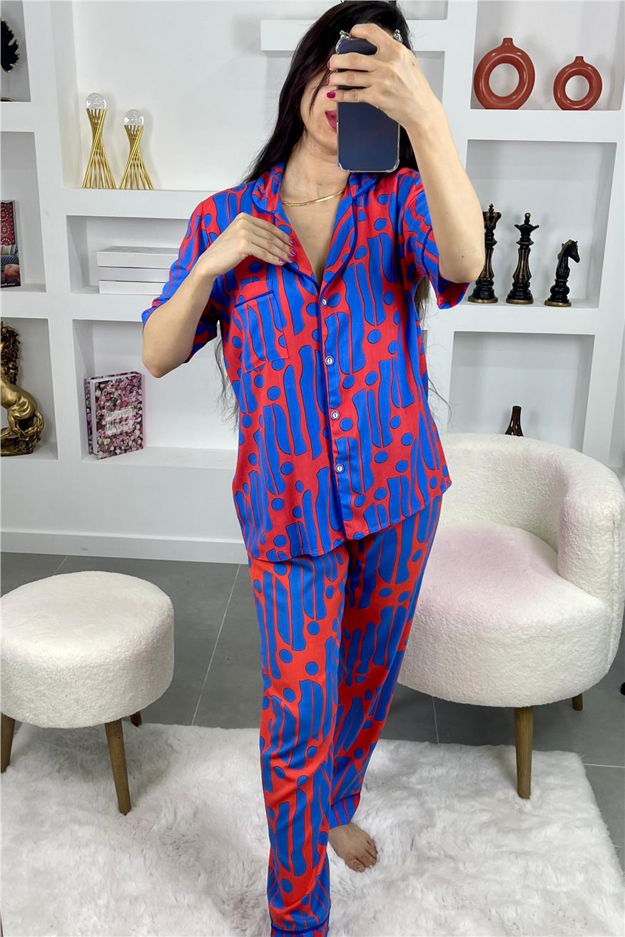 Orizzonte Puntinato Mavi Viskon Kısa Kol Pantolon Pijama Takımı