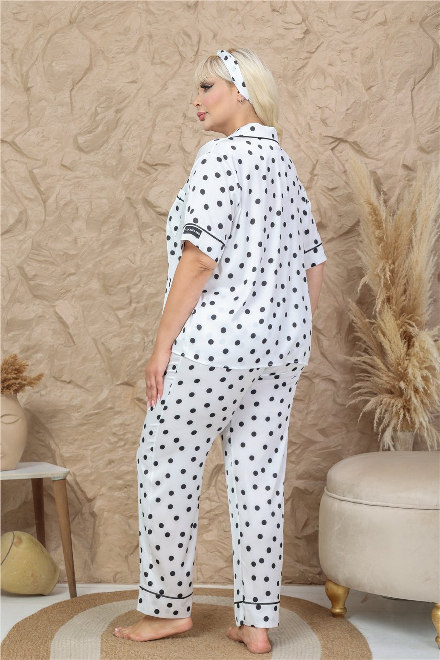 Palline Colorate Beyaz Saten Kısa Kol Pantolon Pijama Takımı (Büyük Beden)