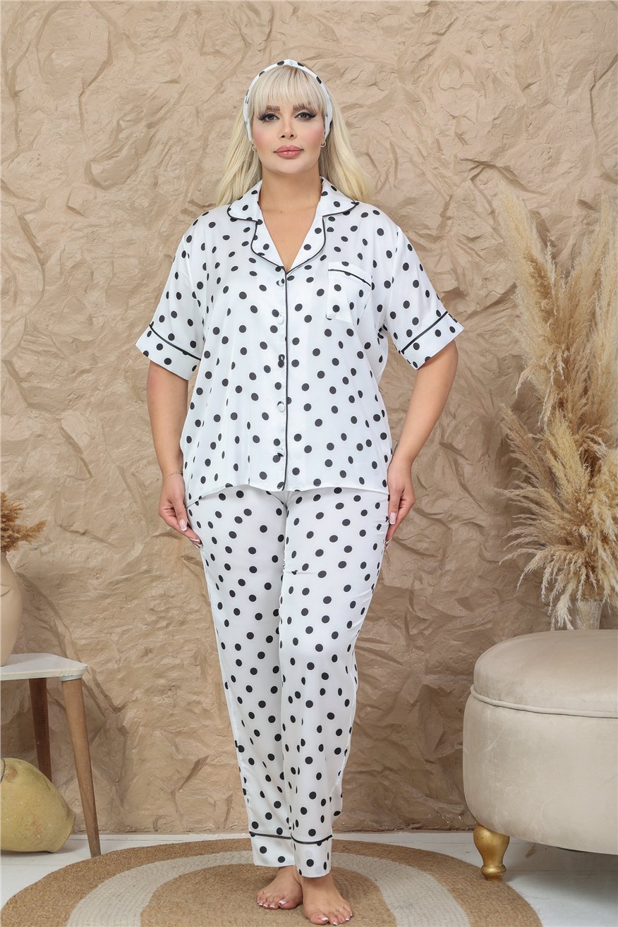 Palline Colorate Beyaz Saten Kısa Kol Pantolon Pijama Takımı (Büyük Beden)